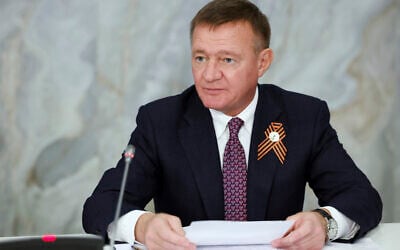 Russian Transport Minister Roman Starovoit attends a meeting in Mineralnye Vody, Russia, on May 6, 2025. (Dmitry Astakhov, Sputnik, Government Pool Photo via AP)