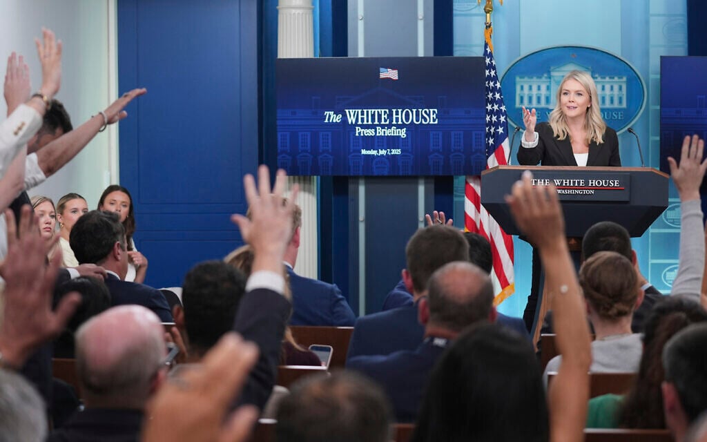 White House press secretary Karoline Leavitt speaks as reporters raise their hands to ask questions during a press briefing at the White House, Monday, July 7, 2025, in Washington. (AP/Evan Vucci)