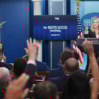 White House press secretary Karoline Leavitt speaks as reporters raise their hands to ask questions during a press briefing at the White House, Monday, July 7, 2025, in Washington. (AP/Evan Vucci)