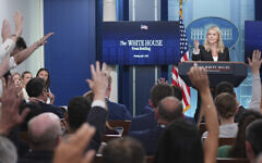 White House press secretary Karoline Leavitt speaks as reporters raise their hands to ask questions during a press briefing at the White House, Monday, July 7, 2025, in Washington. (AP/Evan Vucci)