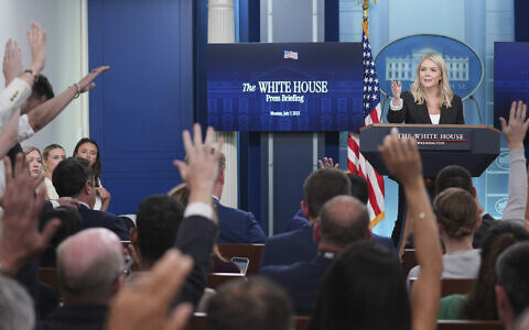 White House press secretary Karoline Leavitt speaks as reporters raise their hands to ask questions during a press briefing at the White House, Monday, July 7, 2025, in Washington. (AP/Evan Vucci)
