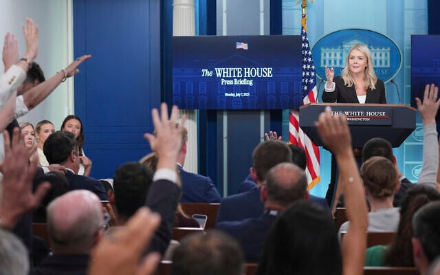 White House press secretary Karoline Leavitt speaks as reporters raise their hands to ask questions during a press briefing at the White House, Monday, July 7, 2025, in Washington. (AP/Evan Vucci)