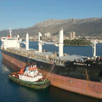 The Liberian-flagged bulk carrier Eternity C is seen in Split, Croatia, January 30, 2023. (Sinisa Aljinovic via AP)