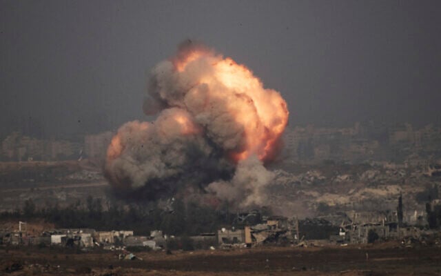 Smoke and fire rise to the sky following an IDF strike in the northern Gaza Strip, as seen from southern Israel, July 10, 2025. (AP Photo/Leo Correa)