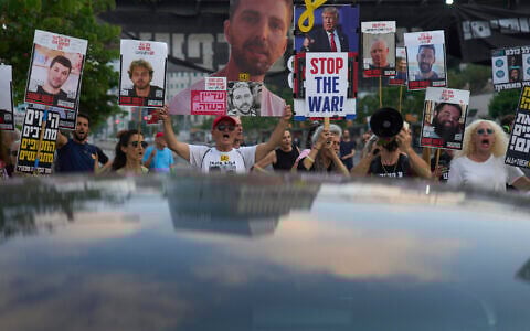 Relatives of hostages held by Hamas in the Gaza Strip and their supporters call for an immediate hostage release deal during a protest in Tel Aviv, Israel, July 10, 2025. (AP/Ariel Schalit)