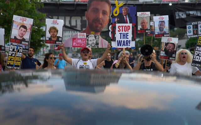 Relatives of hostages held by Hamas in the Gaza Strip and their supporters call for an immediate hostage release deal during a protest in Tel Aviv, Israel, July 10, 2025. (AP/Ariel Schalit)