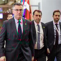 Foreign Minister Gideon Sa'ar arrives for the EU-Southern Neighbourhood ministerial meeting at the EU Council building in Brussels, on July 14, 2025. (AP Photo/Geert Vanden Wijngaert)