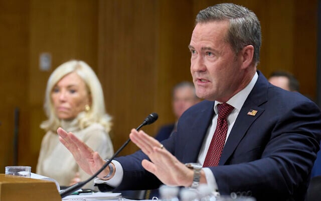 Christine Toretti, left, nominee for U.S. Ambassador to Sweden, listens as former White House National Security Adviser Michael Waltz, testifies during a Senate Foreign Relations Committee nomination hearing on his nomination to be US Representative to the United Nations, Tuesday, July 15, 2025, on Capitol Hill in Washington. (AP Photo/Jacquelyn Martin)