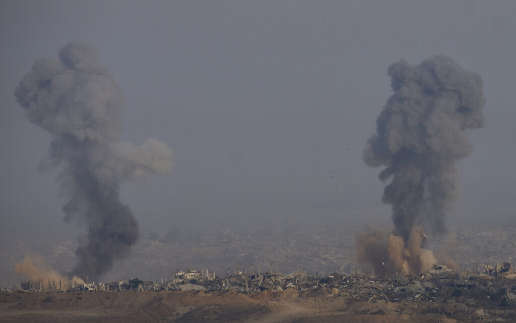 Smoke from an explosion rises in the northern Gaza Strip, as seen from southern Israel, on July 18, 2025. (AP Photo/Ohad Zwigenberg)