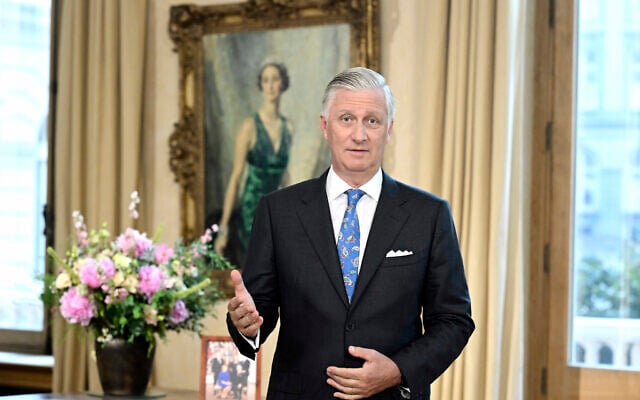 Belgium's King Philippe delivers a speech, ahead of Belgium's National Day, during a recording at the Royal Palace in Brussels, Wednesday, July 16, 2025. (Didier Lebrun/Pool Photo via AP)