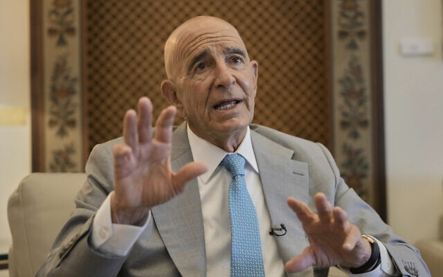 US Ambassador to Turkey and Special Envoy to Syria Thomas Barrack speaks during an interview with The Associated Press at the US Embassy in Aukar, a northern suburb of Beirut, Lebanon, July 21, 2025. (AP Photo/Hassan Ammar)