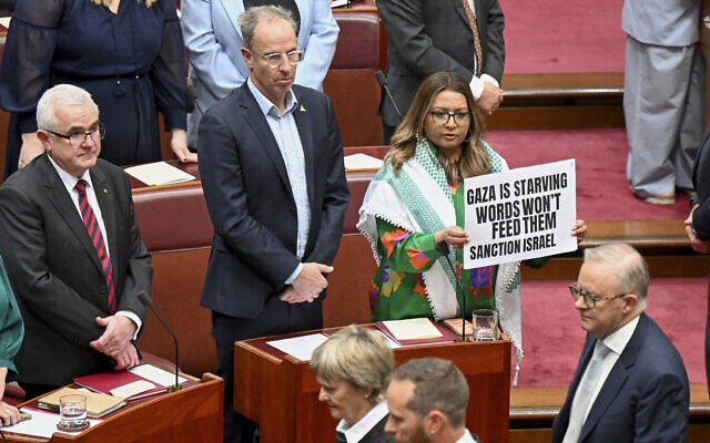 Greens Senator Mehreen Faruqi holds a placard as Australian Prime Minister Anthony Albanese walks in the Senate chamber for the opening of the 48th Federal Parliament at Parliament House in Canberra, Australia, July 22, 2025. (Lukas Coch/AAP Image via AP)