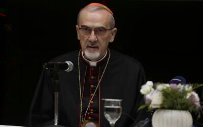 Latin Patriarch Cardinal Pierbattista Pizzaballa speaks during a joint press conference with the Greek Orthodox Patriarch Theophilos III, not pictured, following their visit to the Gaza Strip, in Jerusalem, July 22, 2025. (Mahmoud Illean/AP)