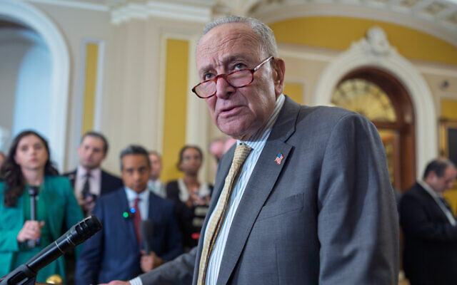 US Senate Minority Leader Chuck Schumer speaks with reporters at the Capitol in Washington, on July 22, 2025. (AP Photo/J. Scott Applewhite) US Senate Minority Leader Chuck Schumer speaks with reporters at the Capitol in Washington, on July 22, 2025. (AP Photo/J. Scott Applewhite)