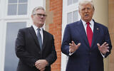 US President Donald Trump, right, speaks with the media as he greets Britain's Prime Minister Keir Starmer at the Trump Turnberry golf course in Turnberry, Scotland, July 28, 2025. (AP/Jacquelyn Martin)