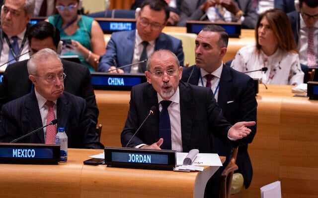 Jordanian Foreign Minister Ayman Safadi speaks during a conference on the two-state solution at UN Headquarters on July 28, 2025. (AP/Adam Gray) Jordanian Foreign Minister Ayman Safadi speaks during a conference on the two-state solution at UN Headquarters on July 28, 2025. (AP/Adam Gray)