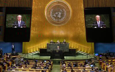 Palestinian Authority Prime Minister Mohammed Mustafa addresses the United Nations General Assembly, July 28, 2025. (AP Photo/Richard Drew)
