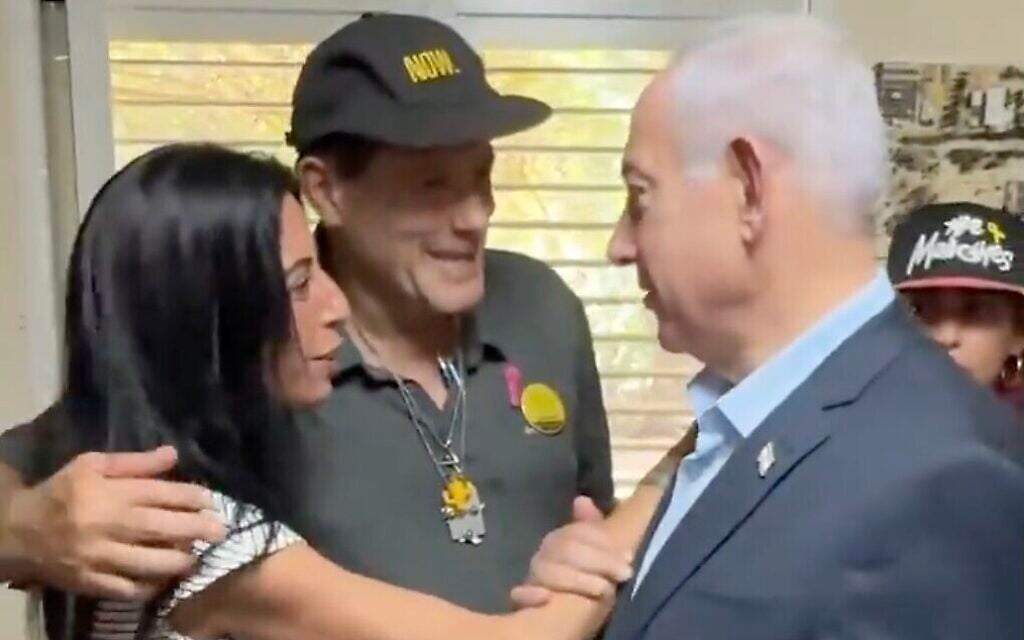 Prime Minister Benjamin Netanyahu meets with Einav Zangauker, mother of hostage Matan Zangauker, at Kibbutz Nir Oz on July 3, 2025. (X screenshot)