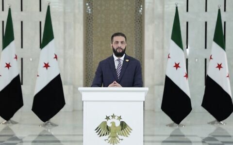 Syrian interim President Ahmad al-Sharaa speaks in a recorded statement released early on July 17, 2025, following Israeli strikes and clashes in the Druze-majority province of Sweida. (Telegram screenshot)