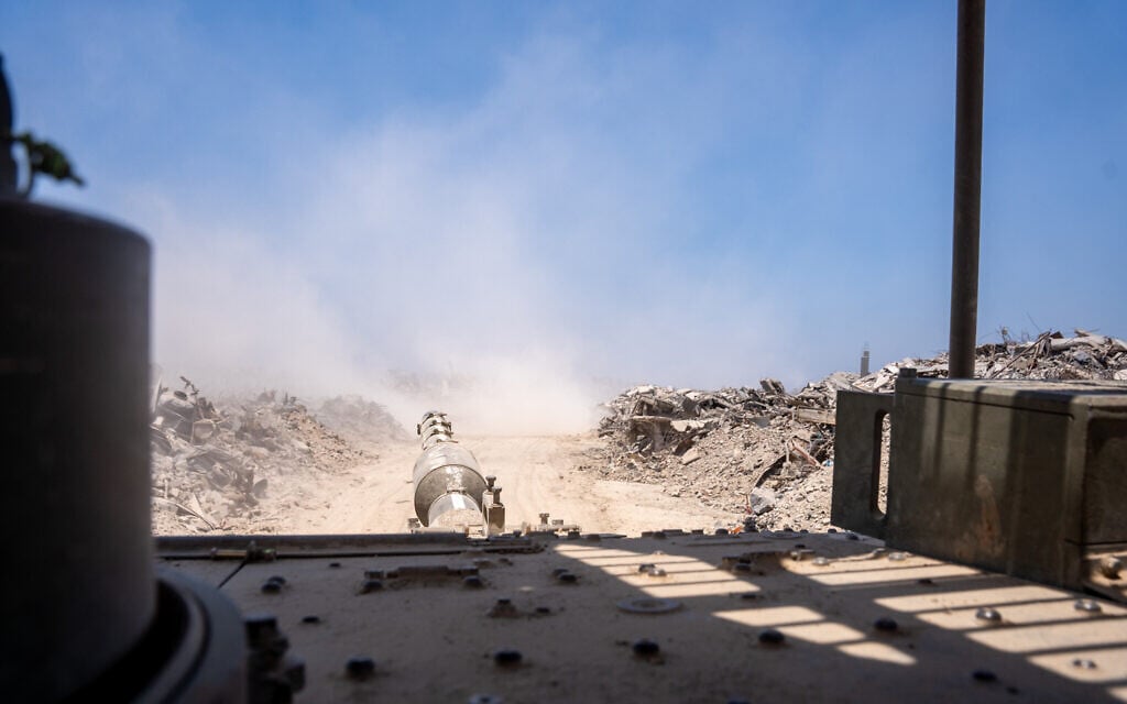 The view from an Israeli tank on the outskirts of Gaza City's Daraj and Tuffah neighborhoods, July 23, 2025. (Emanuel Fabian/Times of Israel)