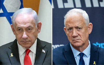 This combination photograph created on July 2, 2025 shows (L) Prime Minister Benjamin Netanyahu on June 30, 2025, and  (R) MK Benny Gantz on June 30, 2025. (Maayan Toaf / GPO and Chaim Goldberg/Flash90)