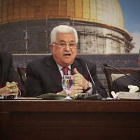 Palestinian President Mahmoud Abbas addresses the Palestinian National Council 23rd opening session in the West Bank city of Ramallah, at his presidential compound, April 30, 2018. (Flash90)