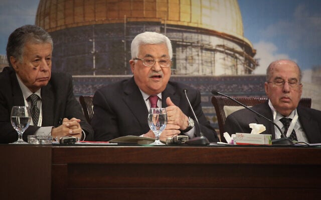 Palestinian President Mahmoud Abbas addresses the Palestinian National Council 23rd opening session in the West Bank city of Ramallah, at his presidential compound, April 30, 2018. (Flash90)