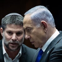 Prime Minister Benjamin Netanyahu and Minister of Finance Bezalel Smotrich pictured in the Knesset, February 7, 2024. (Yonatan Sindel/Flash90)