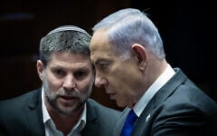 Prime Minister Benjamin Netanyahu and Minister of Finance Bezalel Smotrich pictured in the Knesset, February 7, 2024. (Yonatan Sindel/Flash90)
