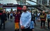 Far-left Haredi journalist Israel Frey attends a protest calling for the release of the hostages held in the Gaza Strip, outside the IDF headquarters in Tel Aviv, April 8, 2024. (Avshalom Sassoni/Flash90)