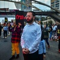 Far-left Haredi journalist Israel Frey attends a protest calling for the release of the hostages held in the Gaza Strip, outside the IDF headquarters in Tel Aviv, April 8, 2024. (Avshalom Sassoni/Flash90)