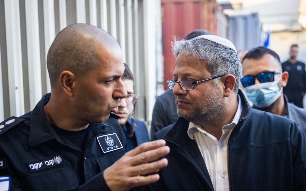 National Security Minister Itamar Ben Gvir and Israel Prison Service Chief Commissioner Kobi Yaakobi visit a prison in central Israel, January 8, 2025. (Chaim Goldberg/Flash90)