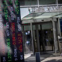 The Tel Aviv Stock Exchange seen on April 28, 2025. (Miriam Alster/FLASH90)