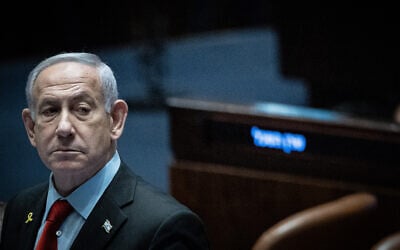 Prime Minister Benjamin Netanyahu in the Knesset, Jerusalem, on May 28, 2025. (Yonatan Sindel/Flash90)