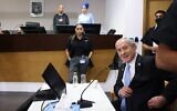 Prime Minister Benjamin Netanyahu arrives at the courtroom at the Tel Aviv District Court to testify in his corruption trial, June 4, 2025. (Moti Milrod/POOL via Flash90)