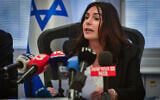Transportation Minister Miri Regev holds a press conference in Tel Aviv, June 19, 2025. (Avshalom Sassoni/Flash90)