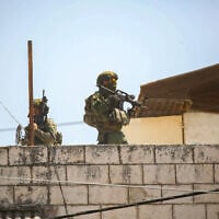 Israeli soldiers operate in the West Bank city of Jenin, June 30, 2025. (Nasser Ishtayeh/Flash90)
