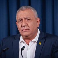 MK Gadi Eisenkot holds a press conference after announcing his resignation from the Knesset and departure from the National Unity party, in Tel Aviv on July 1, 2025. (Erik Marmor/Flash90)