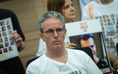 Former hostage Ohad Ben Ami attends a Foreign Affairs and Defense Committee meeting at the Knesset, July 1, 2025. (Yonatan Sindel/Flash90)