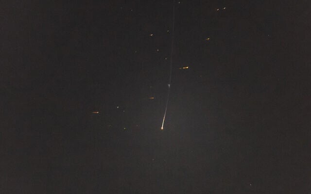 Israeli air defenses intercept a missile fired from Yemen on July 1, 2025. (Yonatan Sindel/Flash90)