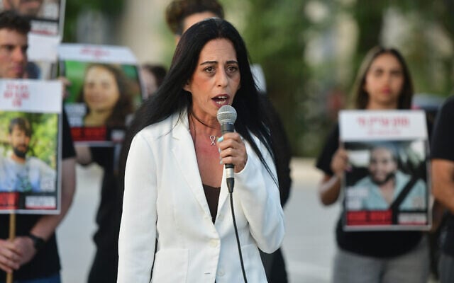 Einav Zangauker, the mother of hostage Matan Zangauker, speaks at a press conference in Tel Aviv, on July 5, 2025. (Avshalom Sassoni/Flash90)