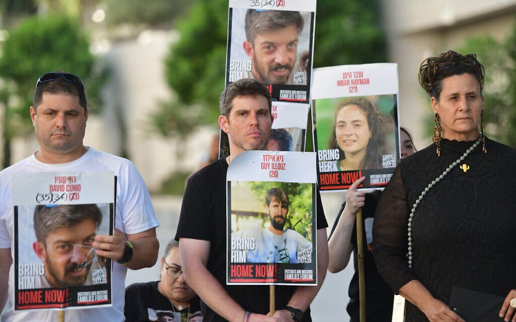 Families of Israelis held hostage in Gaza hold a press conference in Tel Aviv, on July 5, 2025. (Avshalom Sassoni/Flash90)