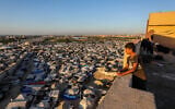 A Palestinian tent city in the Al-Mawasi area in Khan Yunis, southern Gaza Strip, July 6, 2025. (Abed Rahim Khatib/Flash90)