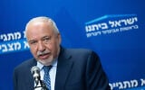 Yisrael Beytenu chair Avigdor Liberman leads a faction meeting at the Knesset on July 7, 2025 (Yonatan Sindel/Flash90)