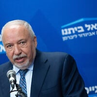 Yisrael Beytenu chair Avigdor Liberman leads a faction meeting at the Knesset on July 7, 2025 (Yonatan Sindel/Flash90)