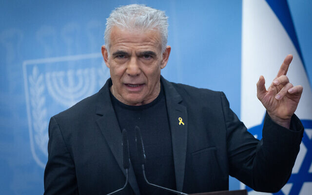Opposition Leader MK Yair Lapid leads a faction meeting at the Knesset on July 7, 2025 (Yonatan Sindel/Flash90) Opposition Leader MK Yair Lapid leads a faction meeting at the Knesset on July 7, 2025 (Yonatan Sindel/Flash90)