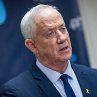 MK Benny Gantz leads a faction meeting at the Knesset on July 14, 2025. (Yonatan Sindel/Flash90)