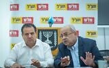 Hadash-Ta'al chair Ayman Odeh (left) and MK Ahmad Tibi lead a faction meeting at the Knesset, on July 14, 2025. (Yonatan Sindel/Flash90)