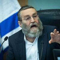 MK Moshe Gafni, of United Torah Judaism's Degel HaTorah faction, leads a Finance Committee meeting at the Knesset, on July 14, 2025. (Yonatan Sindel/Flash90)