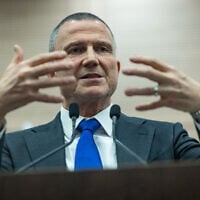 Chairman of the Foreign Affairs and Defense Committee, Yuli Edelstein, delivers a statement to the media on the military draft law at the Knesset, in Jerusalem, July 15, 2025. (Yonatan Sindel/Flash90)